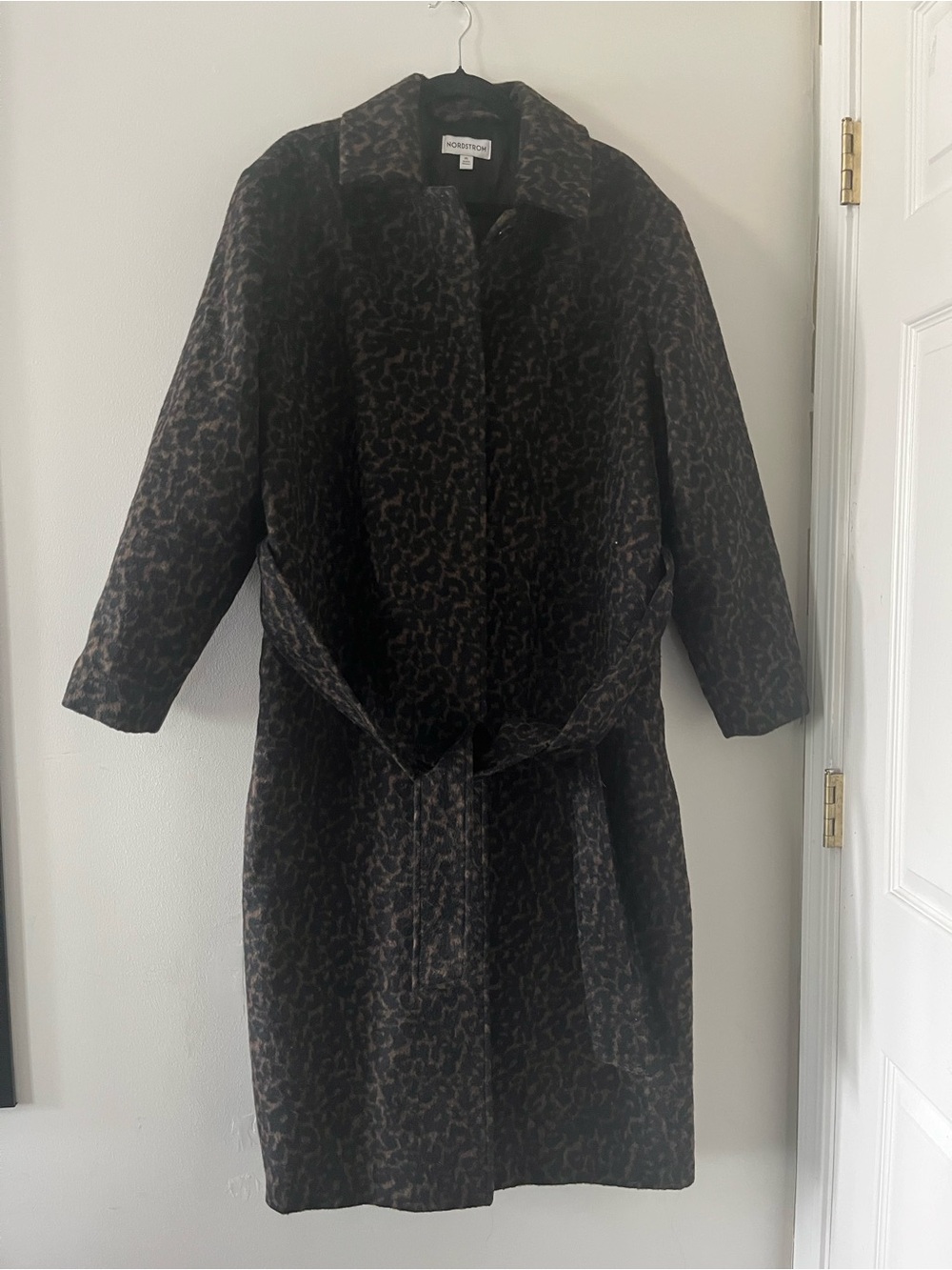 Nordstrom Leopard Wool Blend Belted Long Trench Coat XL Jacket Quiet Luxury